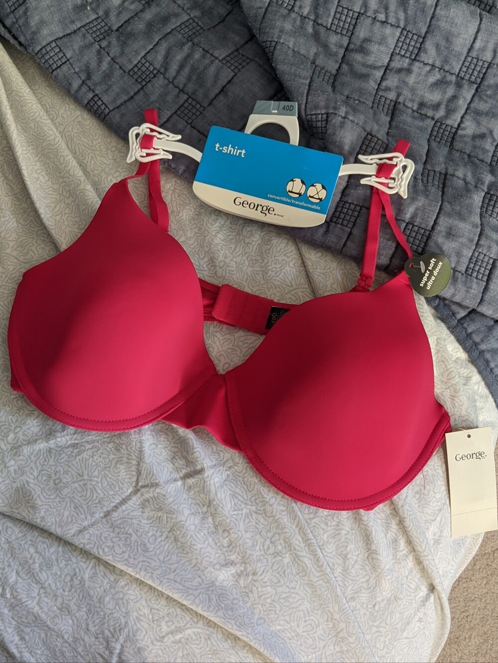 NWT Size 40D George Super Soft Convertible "Berry" Raspberry Red T-Shirt Bra